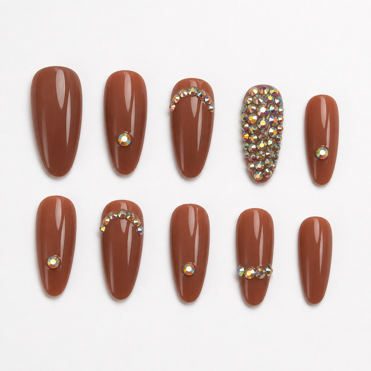 Mocha Brown Rhinestone Press-On Nails | Glossy Almond Nail Set | Luxury Nude Brown Bling Nails | Reusable Handmade Press Ons