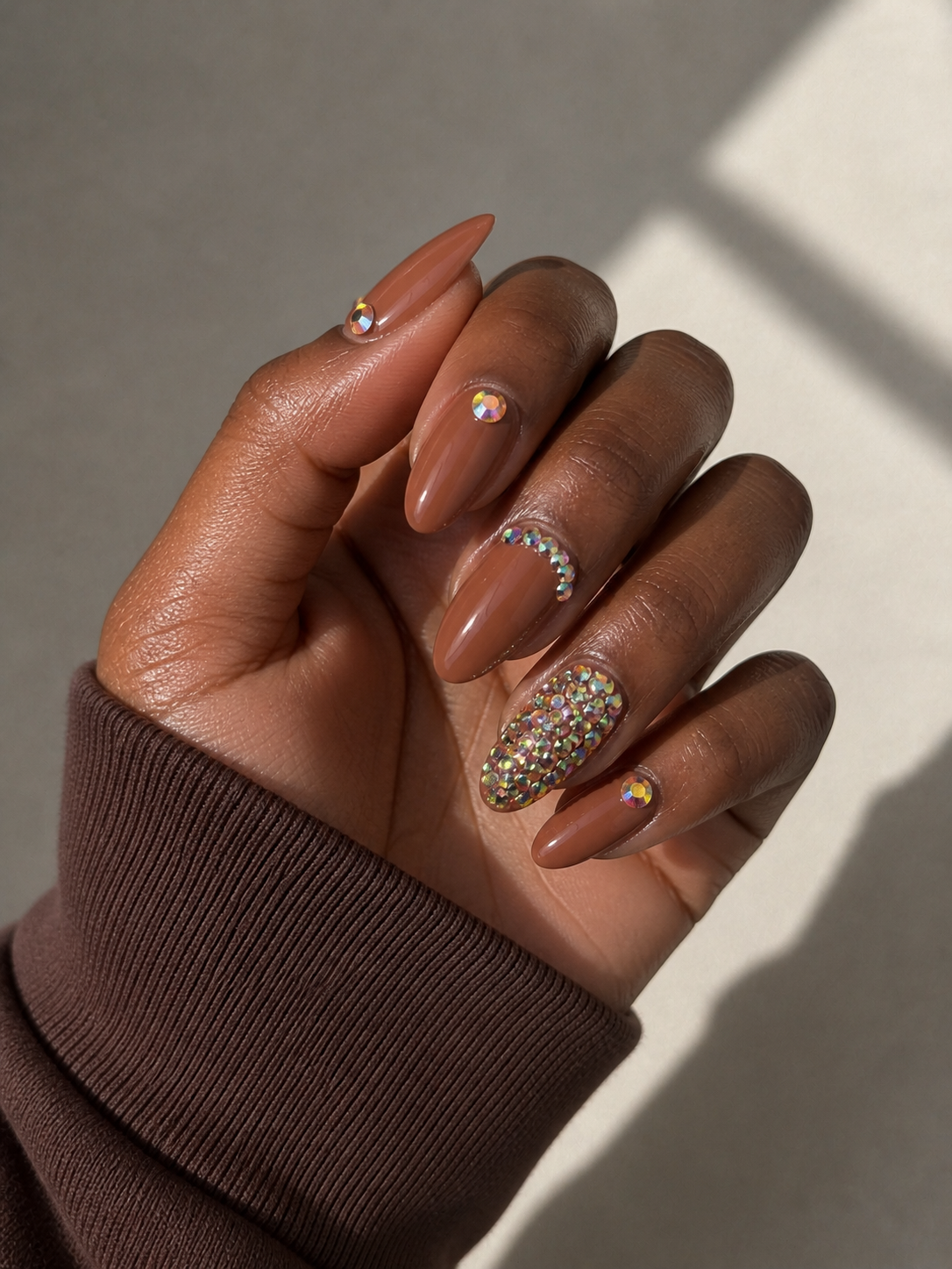 Mocha Brown Rhinestone Press-On Nails | Glossy Almond Nail Set | Luxury Nude Brown Bling Nails | Reusable Handmade Press Ons