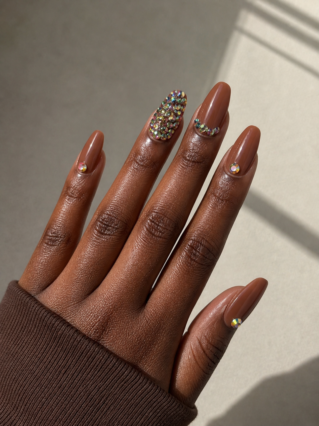 Mocha Brown Rhinestone Press-On Nails | Glossy Almond Nail Set | Luxury Nude Brown Bling Nails | Reusable Handmade Press Ons