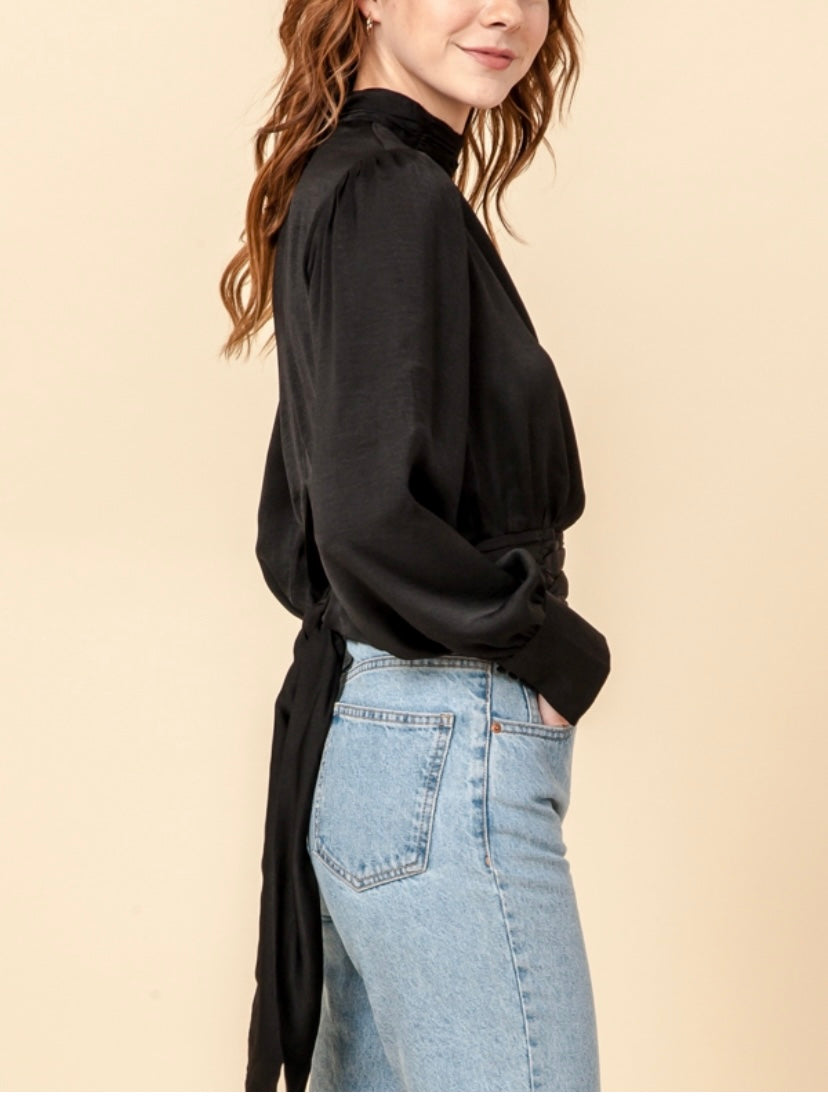 Black Mock Neck Balloon Sleeve Open Back Blouse