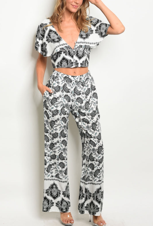 White and Black Wide-Leg Pant Set with Crop Top for Women