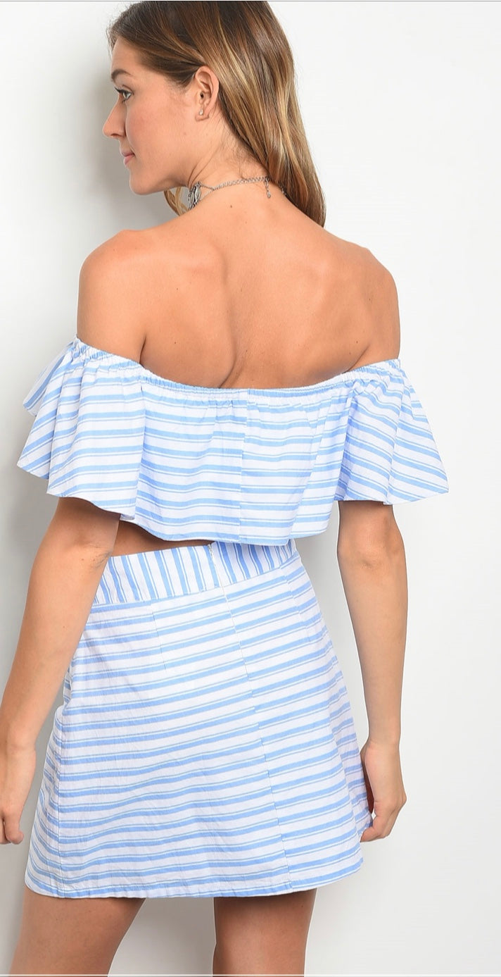 2-Piece Off Shoulder Skirt Set | White Light Blue Pinstripes | Ruffle Crop Top