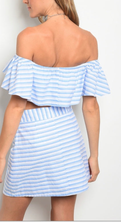 2-Piece Off Shoulder Skirt Set | White Light Blue Pinstripes | Ruffle Crop Top