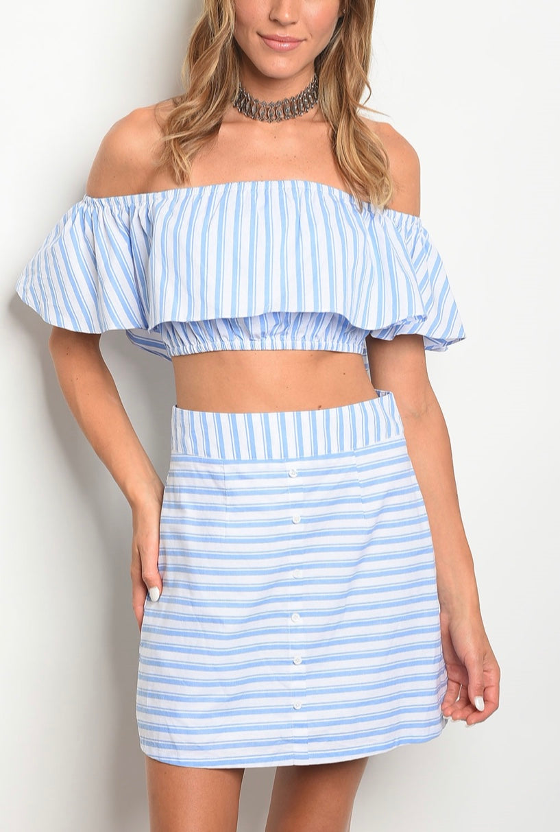 2-Piece Off Shoulder Skirt Set | White Light Blue Pinstripes | Ruffle Crop Top