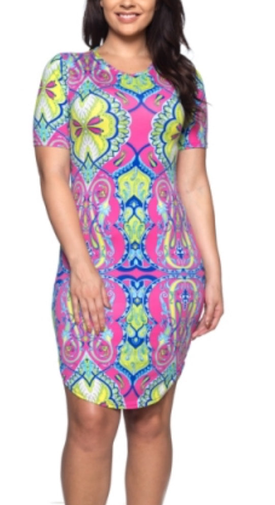 Multi Color Print Pattern Dress: Stylish Bodycon with Stretch Material and Scoop Neck