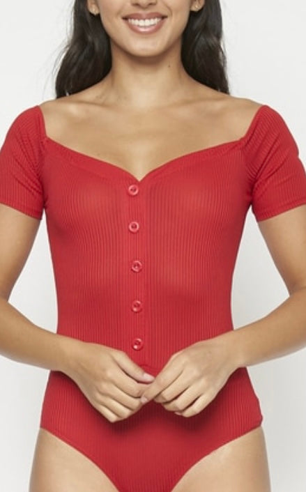 Red Short Sleeve Bodysuit with Front Button Details and Sweetheart Neckline