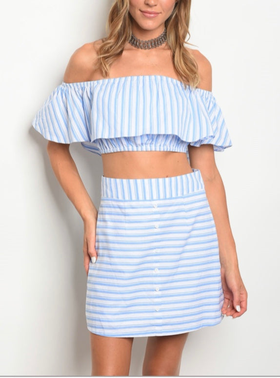 2-Piece Off Shoulder Skirt Set | White Light Blue Pinstripes | Ruffle Crop Top