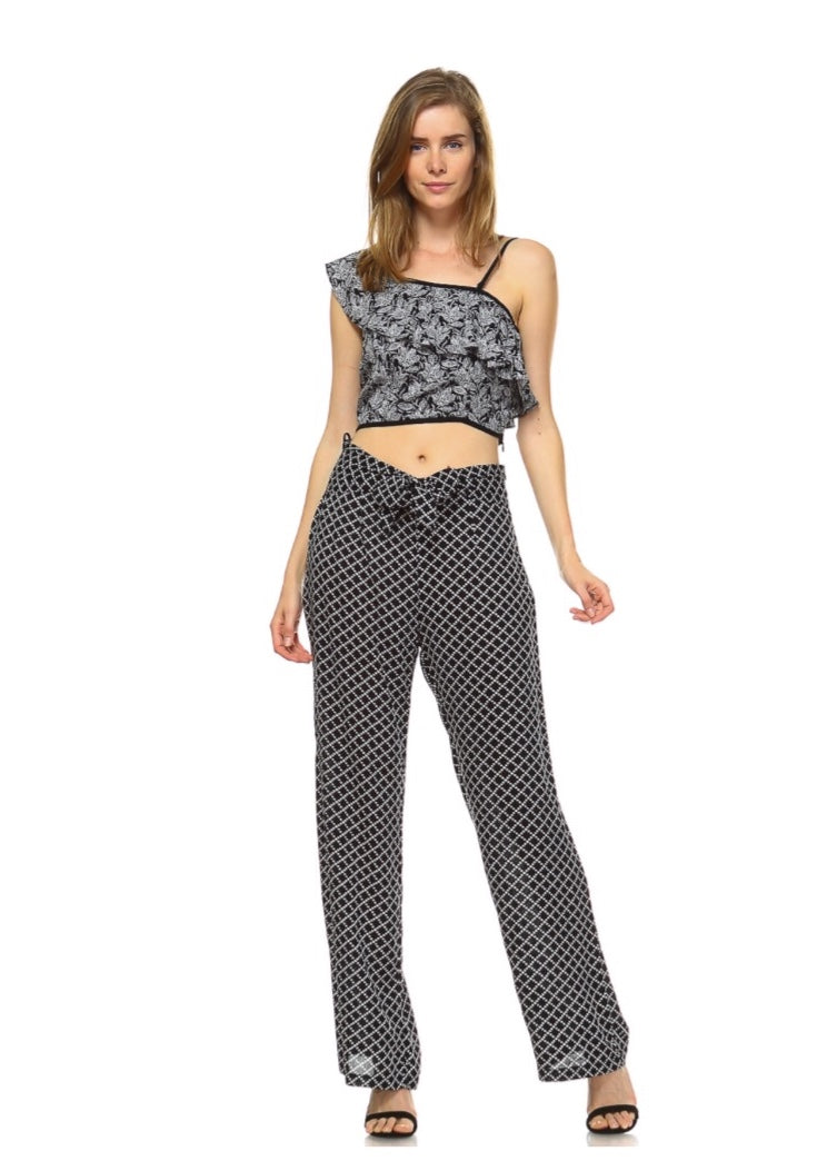 Black and White 2-Piece Pant Set: Wide Leg Pants with Tie Front Belt and Matching One Shoulder Crop Top