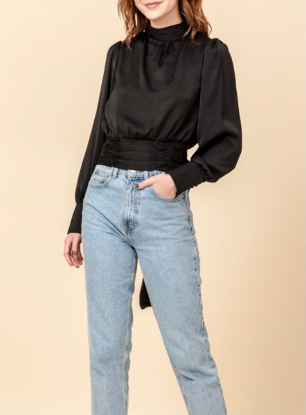 Black Mock Neck Balloon Sleeve Open Back Blouse