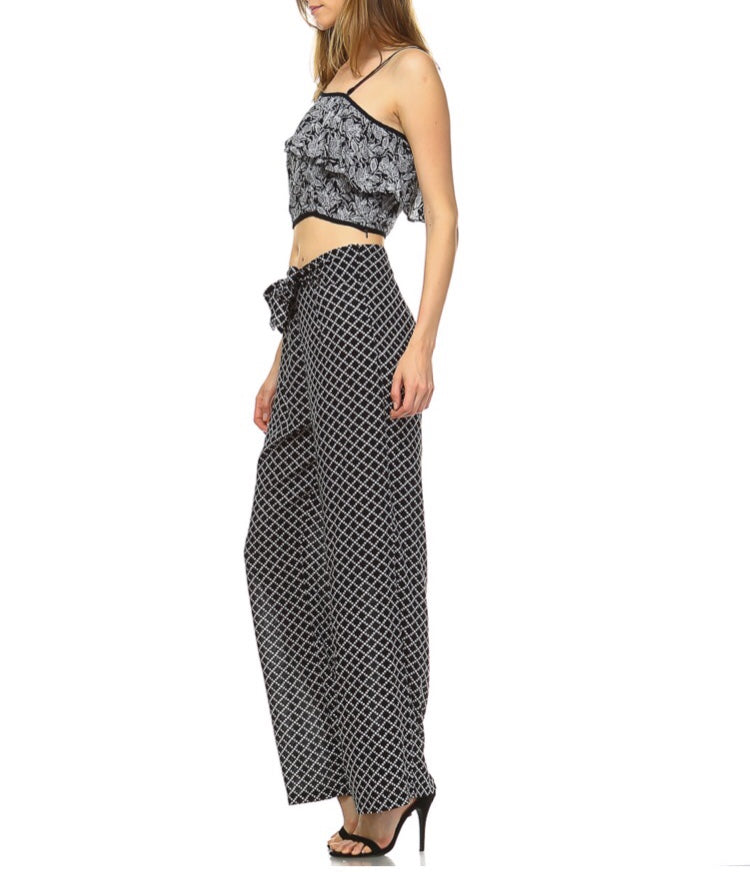 Black and White 2-Piece Pant Set: Wide Leg Pants with Tie Front Belt and Matching One Shoulder Crop Top