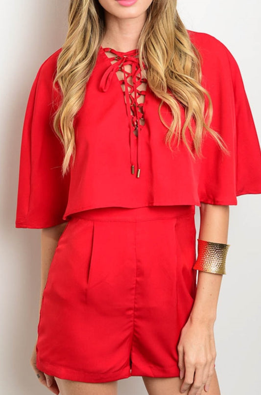 Red Shorts Romper with Cape Sleeves and Front Tie Neck