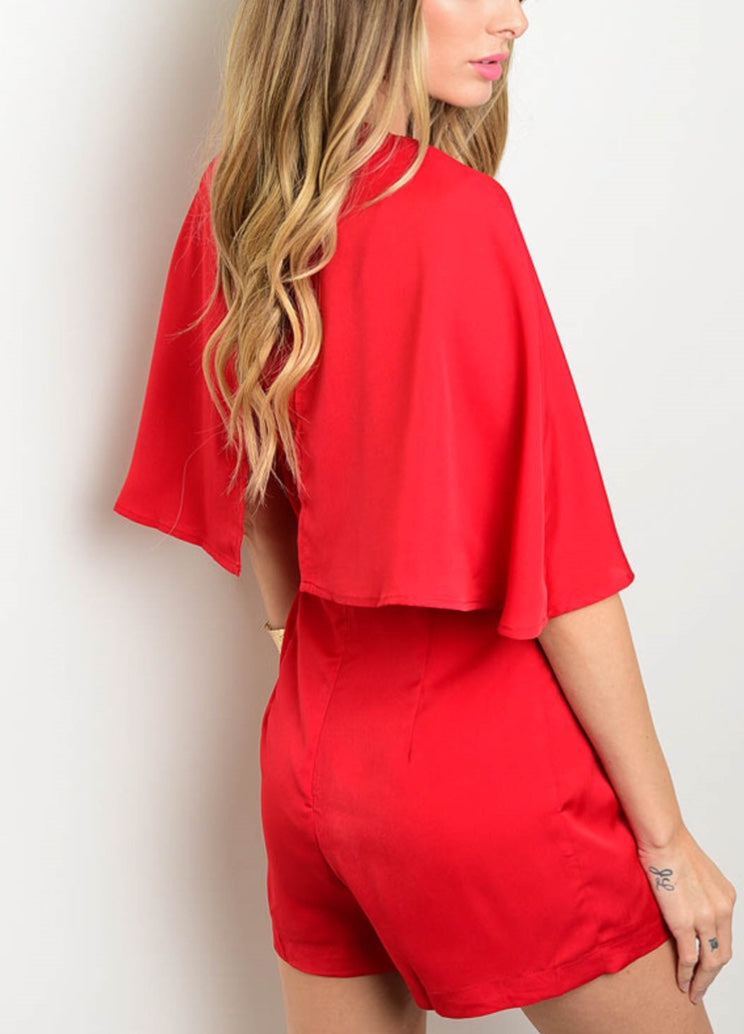 Red Shorts Romper with Cape Sleeves and Front Tie Neck