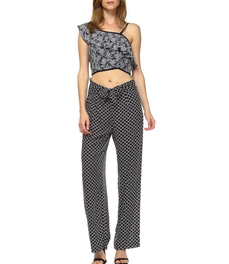 Black and White 2-Piece Pant Set: Wide Leg Pants with Tie Front Belt and Matching One Shoulder Crop Top