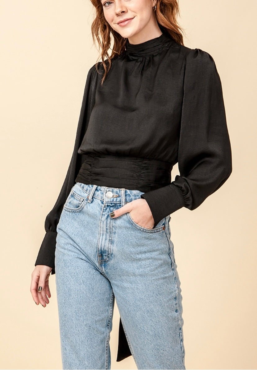 Black Mock Neck Balloon Sleeve Open Back Blouse