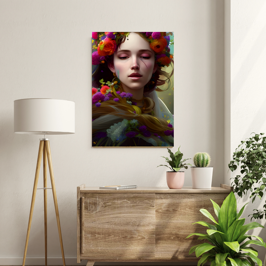 Goddess of Spring: Digital Art Print of a Regal Goddess with Hair Made of Flowers