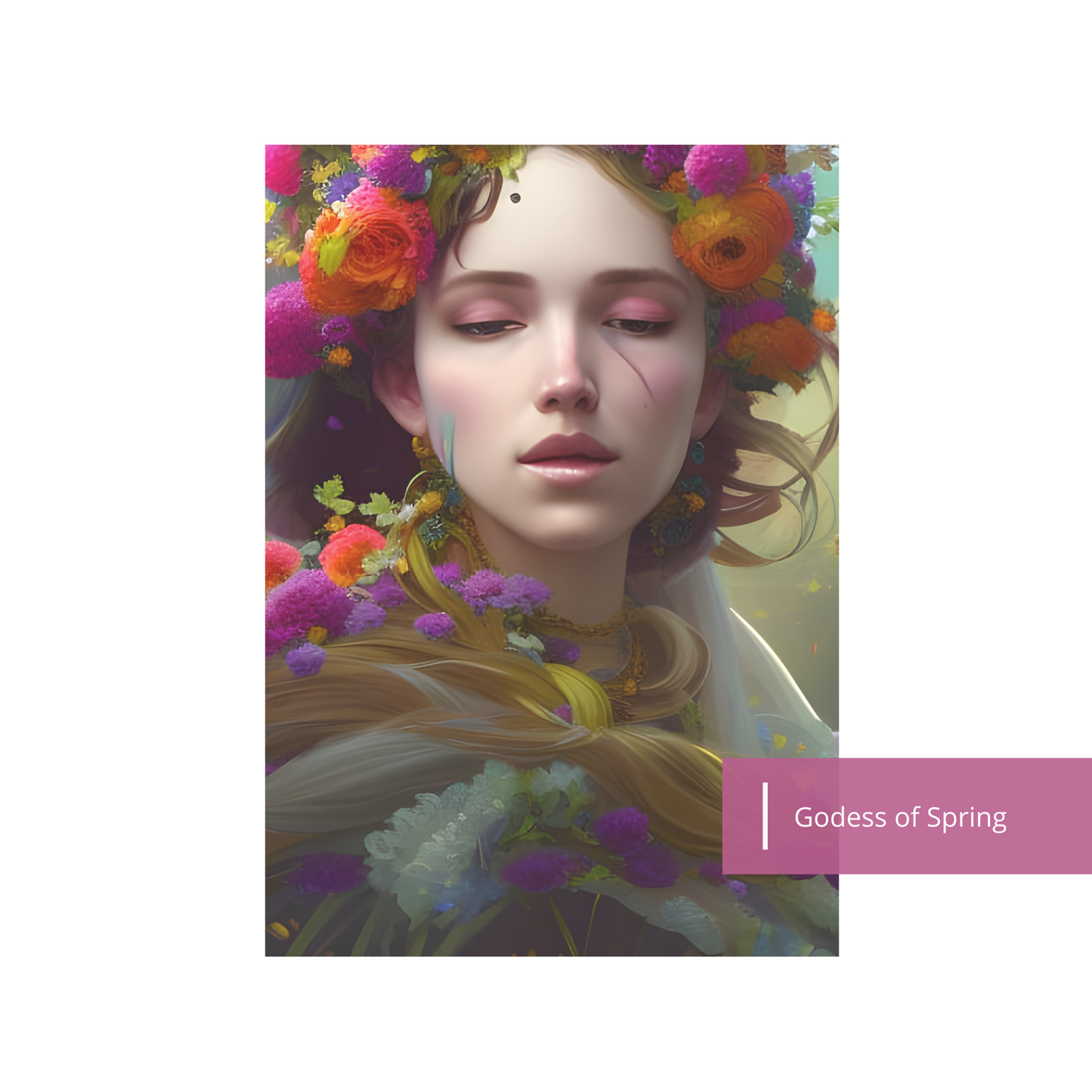 Goddess of Spring: Digital Art Print of a Regal Goddess with Hair Made of Flowers