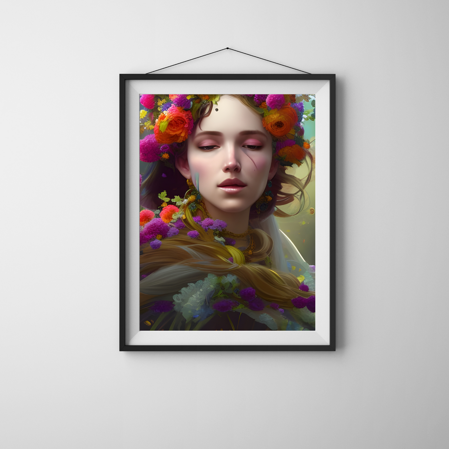 Goddess of Spring: Digital Art Print of a Regal Goddess with Hair Made of Flowers