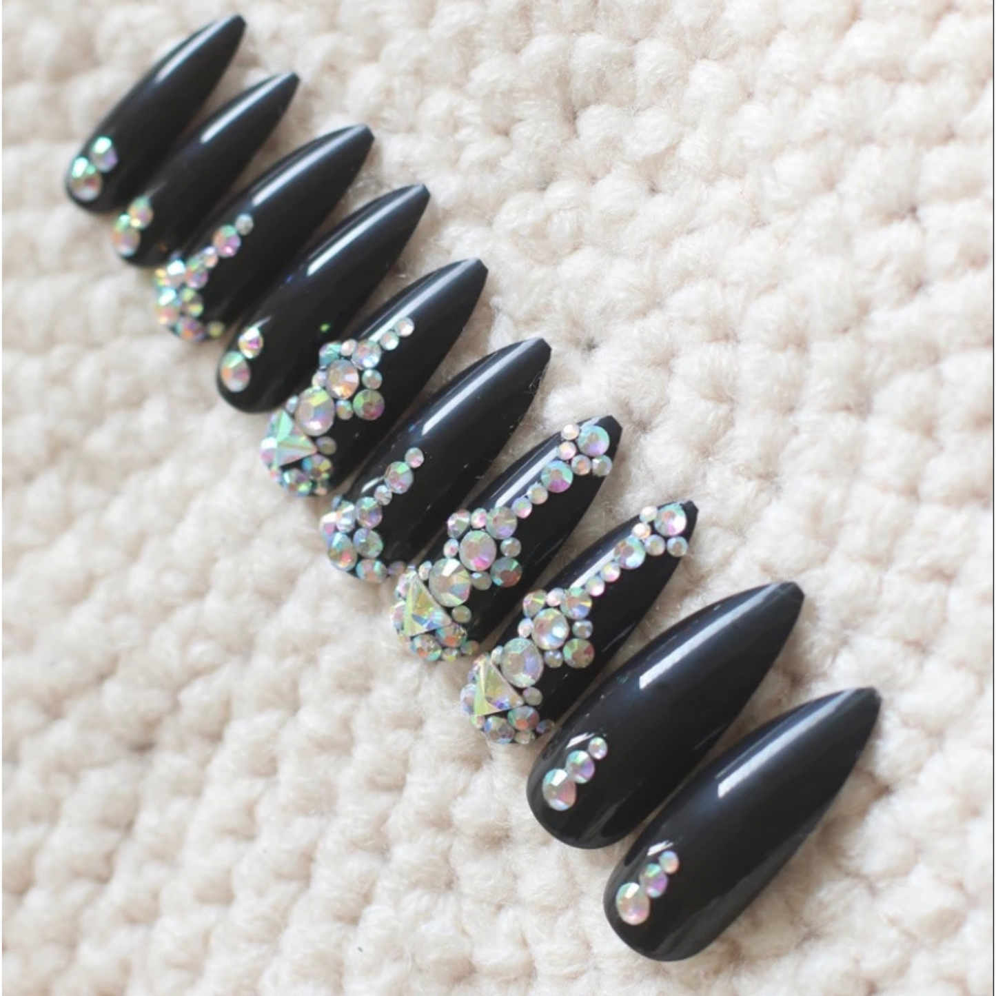 Black Diamond Rhinestone Accent Nails: Long Stiletto Shape for Glamorous Look Nails