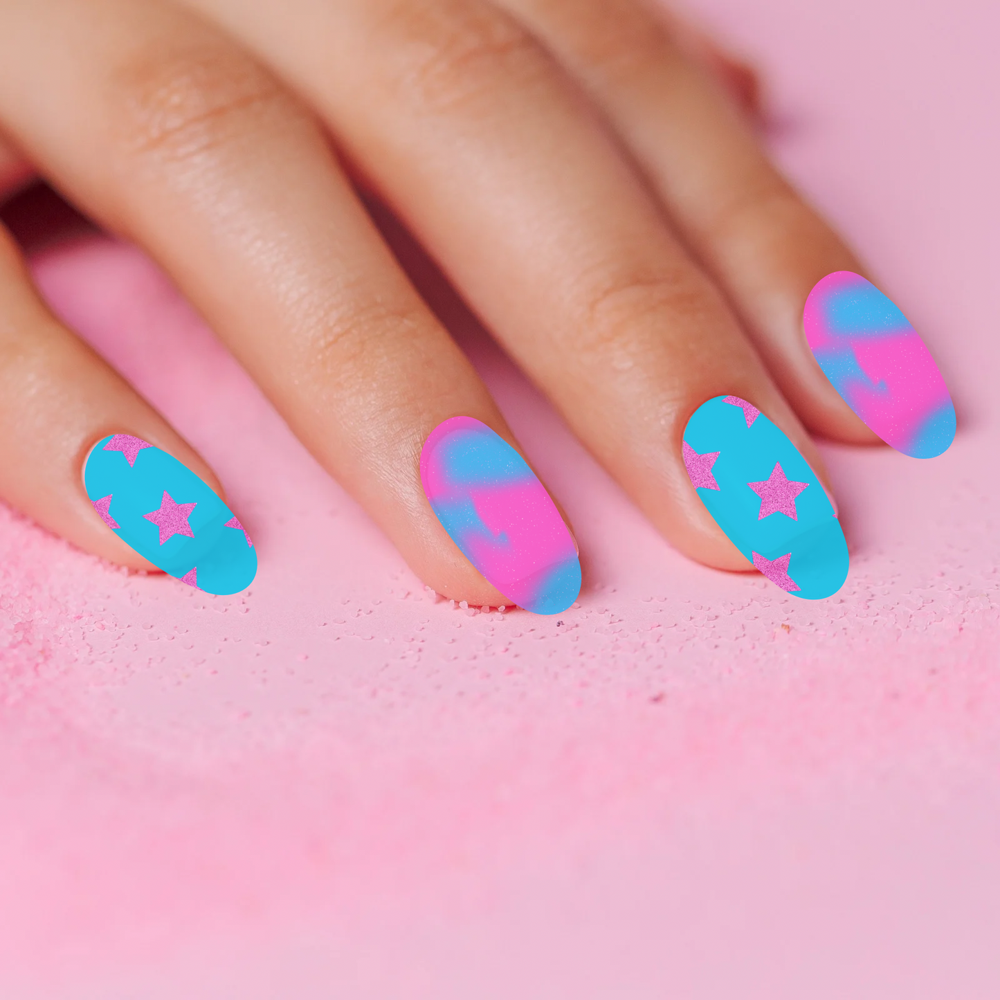 Pink and Turquoise Water Slide Nail Wraps with Star Pattern and Abstract Designs - Perfect Nail Decals