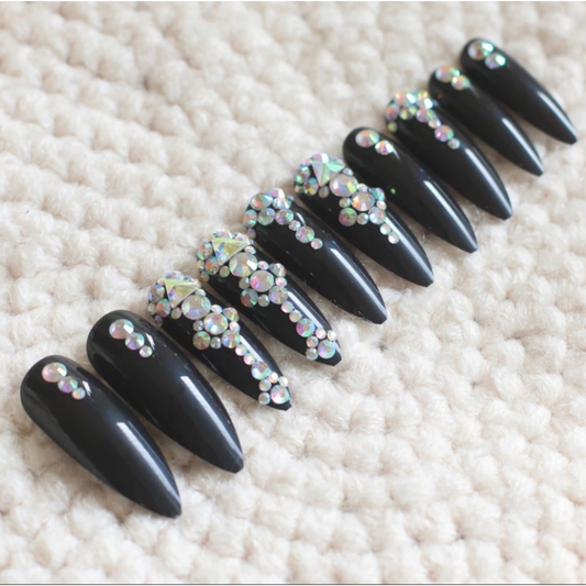 Black Diamond Rhinestone Accent Nails: Long Stiletto Shape for Glamorous Look Nails