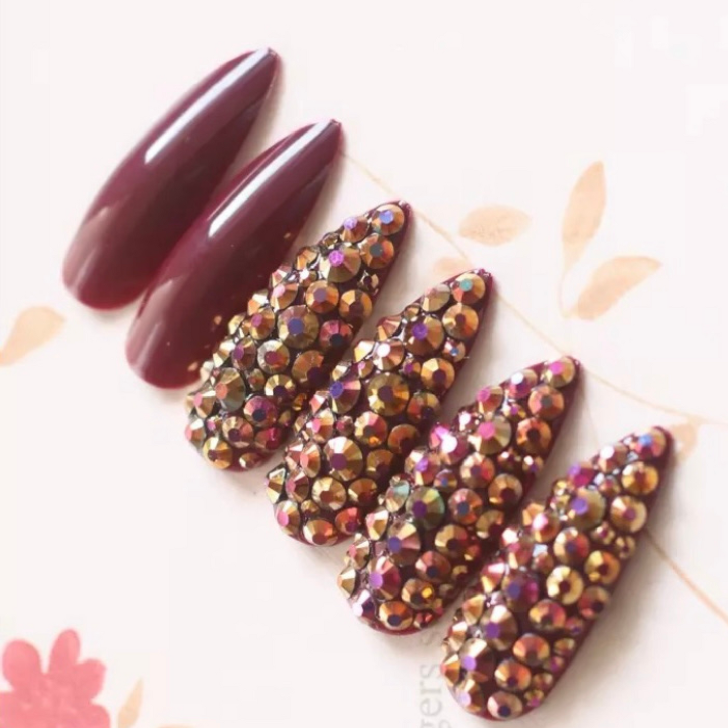 Burgundy Press On Nails with Blinged Out Accent Nails: Long Stiletto Shape for Glamorous Look